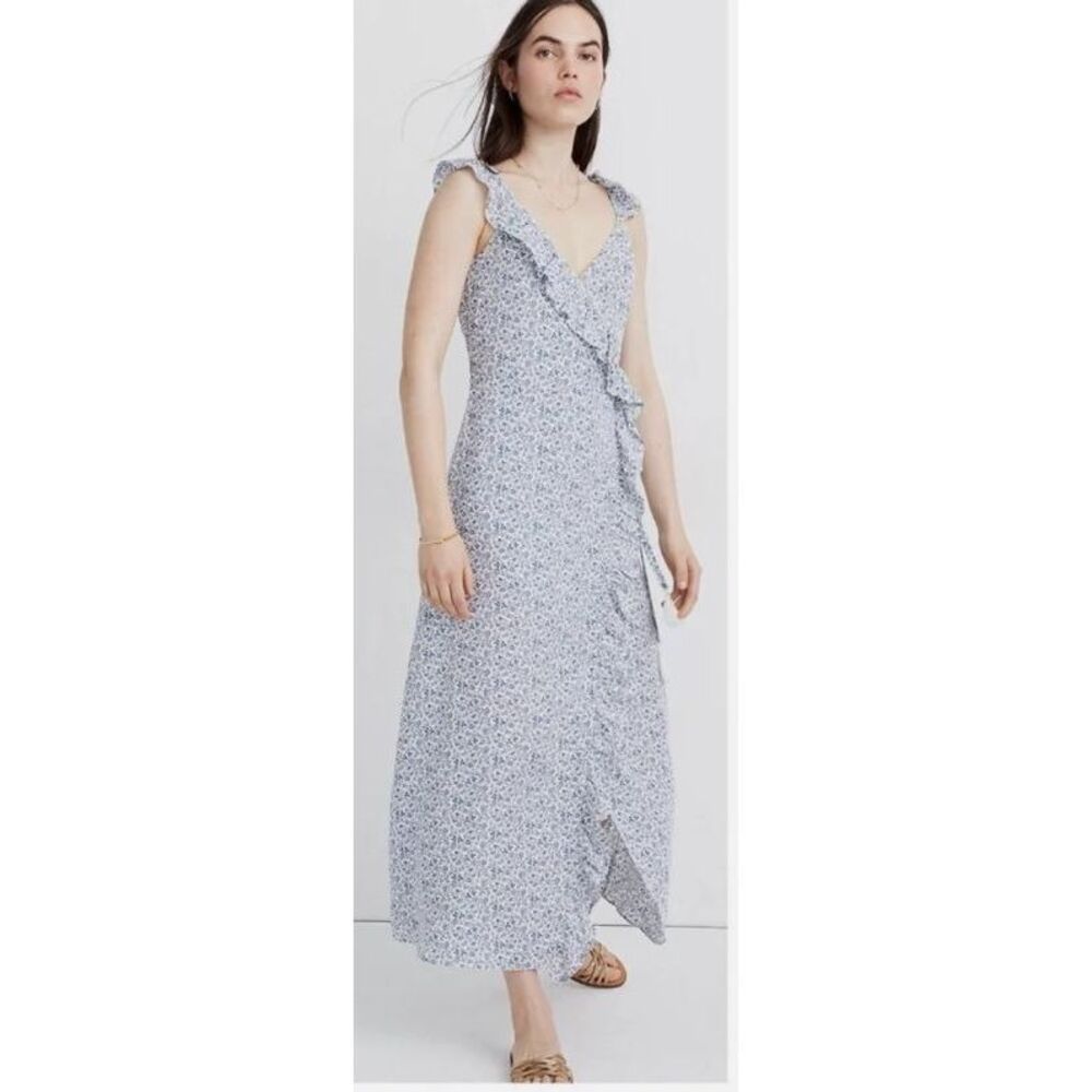 Madewell‎ Ruffled Faux Wrap Maxi Dress in Americana Floral Blue Size 00